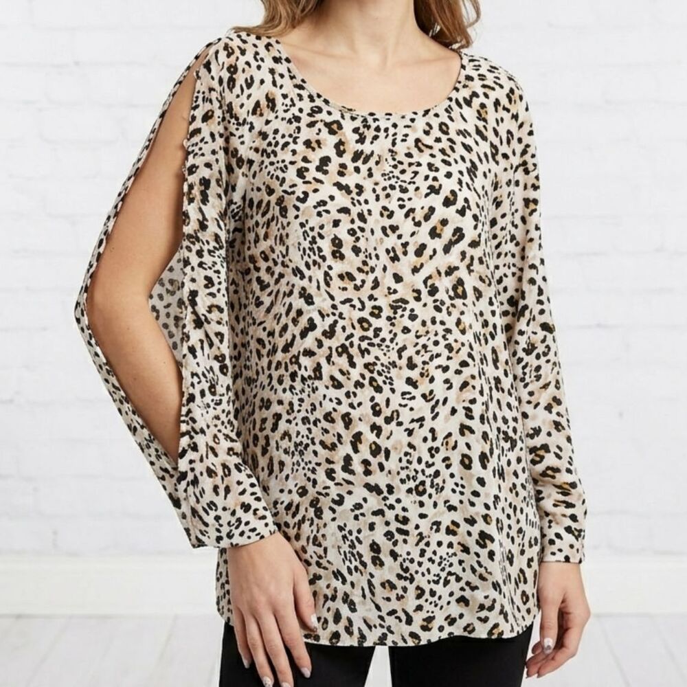 Zac & Rachel Leopard Print Full Button Sleeve Blouse Top Large